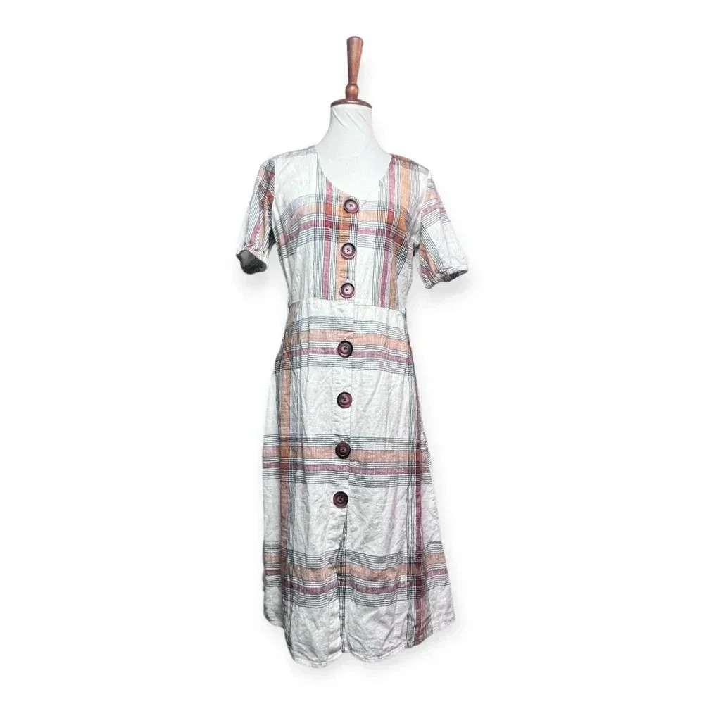 Worthington‎ Womens Cream Rust Plaid Lined Midi Dress Sz S Cottagecore Retro